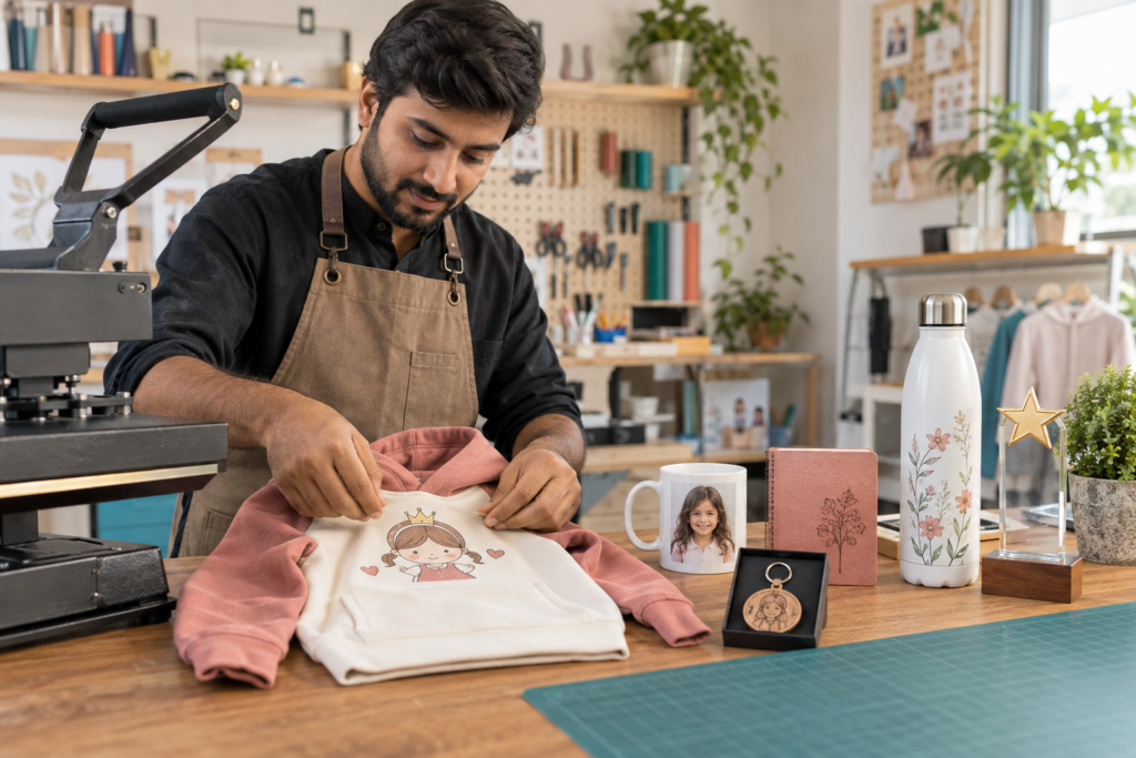 Craftsperson preparing personalized gifts in the Nangyal Global Mart workshop