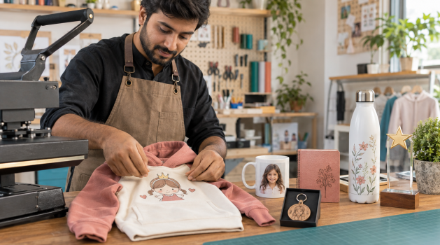 Craftsperson preparing personalized gifts in the Nangyal Global Mart workshop