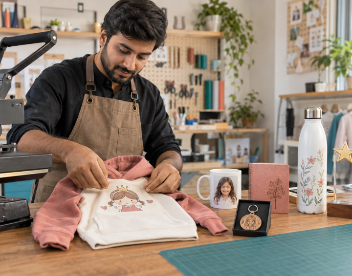 Craftsperson preparing personalized gifts in the Nangyal Global Mart workshop